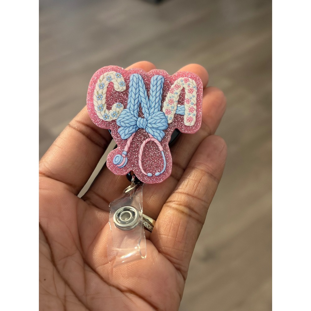 CNA Badge Reel Pink Glitter Stethoscope Retractable ID Holder Alligator Clip